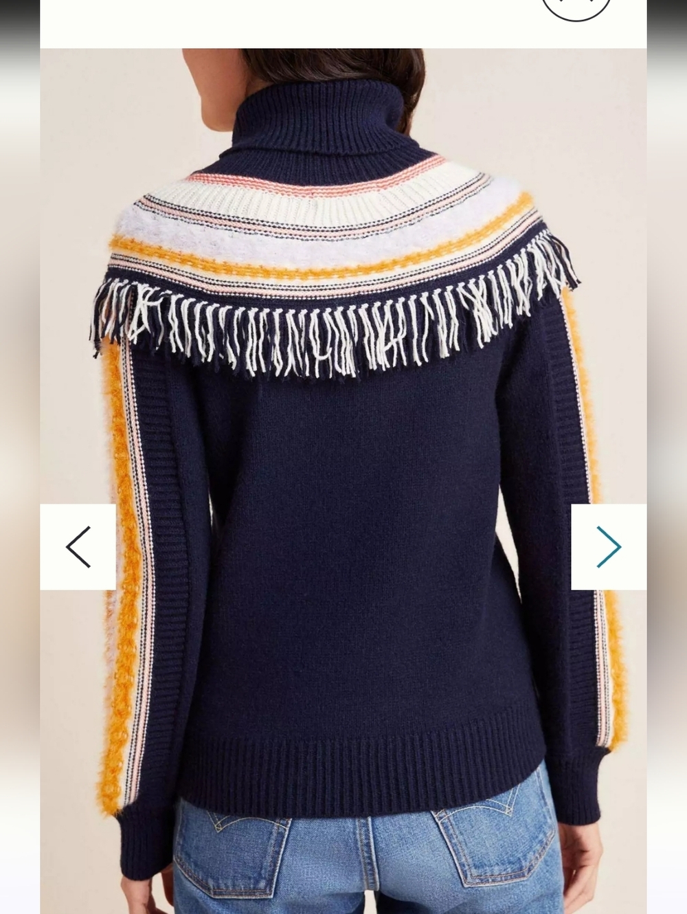 Anthropologie Margherita Nordic Sweater Fringed Turtleneck Navy Mustard Size S - Picture 2 of 10